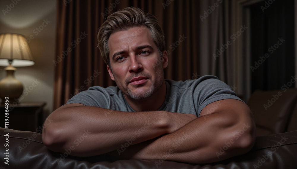Obraz premium Frustrated young man with a deep furrowed brow sitting on a couch in a dimly lit room, late evening mood