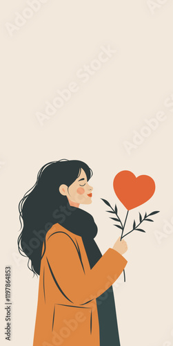 Happy Valentine's Day. Vector vectorial greeting card in gentle pastel colors with space for text. One cute girl holds a heart on a branch in her hands. For love sites, dating apps, posters, banner