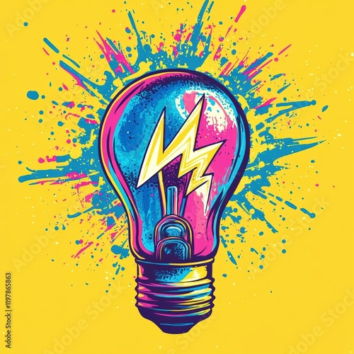 A bold pop art illustration of a vibrant light bulb in blue and pink tones with electric sparks, set against a bright yellow splattered background, symbolizing energy and creativity photo