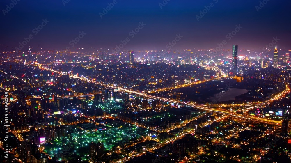Fototapeta premium Night city aerial view, illuminated streets, park, skyscrapers