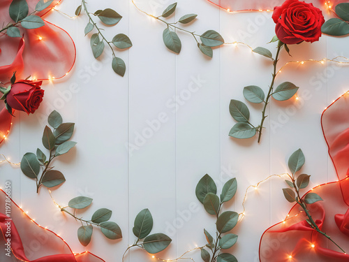 Passionate Red Roses with Subtle Satin Ribbon and Fairy Lights
