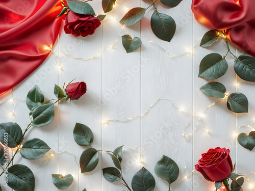 Romantic Arrangement: Red Roses with Satin Ribbon and Soft Lighting