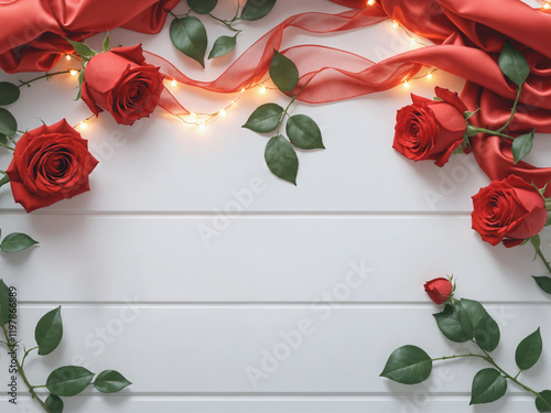 Red Roses and Satin Ribbon: A Romantic Mood with Fairy Light Accents