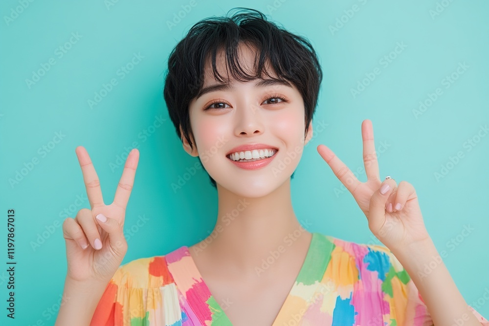 portrait pretty asian young woman with short hair smiling showing peace sign on blue background portrait pretty asian young woman with short hair smiling showing peace sign on blue background