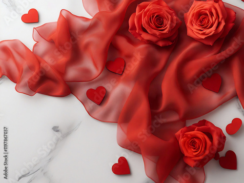 Elegant Floral Scene: Red Roses with Satin Ribbon and Subtle Lighting