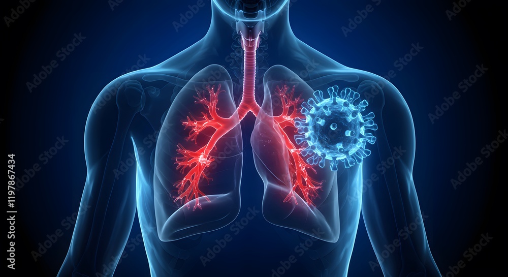 Human lungs visualization with virus depiction for health awareness medical education and respiratory system research in healthcare contexts Human lungs visualization with virus depiction for health awareness medical education and respiratory system research in healthcare contexts