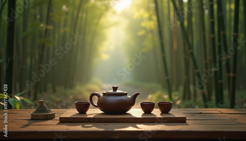 Teapot and tea cups set on wooden table in bamboo forest with soft morning light