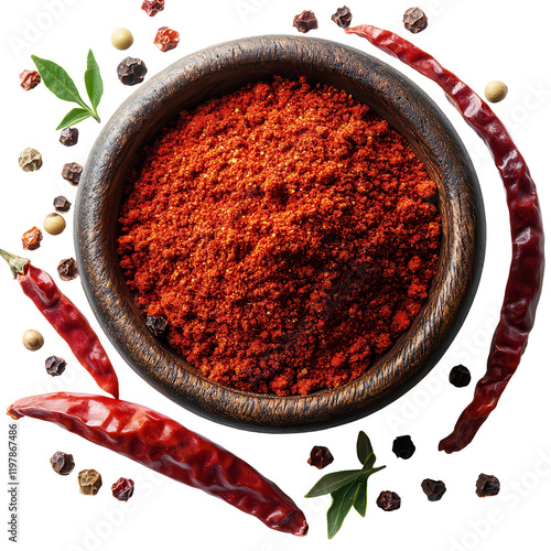 Fototapeta Naklejka Na Ścianę i Meble -  Red spice blend with dried chilis in a wooden bowl surrounded by whole spices isolated on transparent background