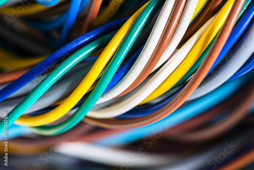 Bundles of colorful wires and electrical cables close-up photo