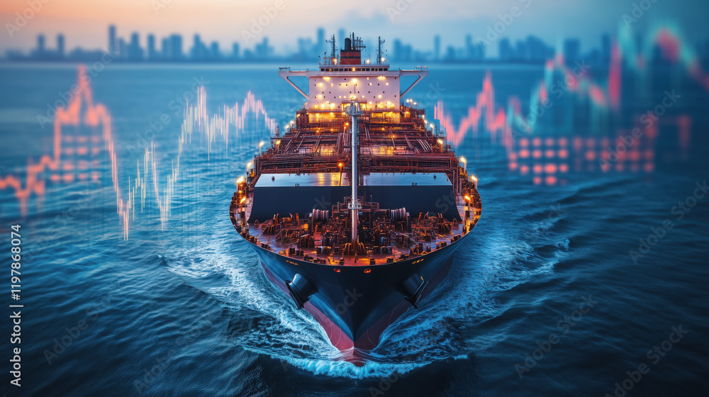 Fototapeta premium A massive oil container ship sailing across the ocean, with a blurred background of global energy market graphs depicting the volatility of oil prices