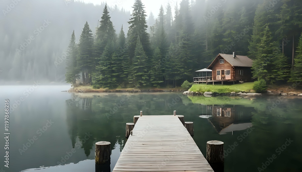 Misty Lake Cabin: Serene Wooden Dock and Foggy Evergreen Landscape Misty Lake Cabin: Serene Wooden Dock and Foggy Evergreen Landscape
