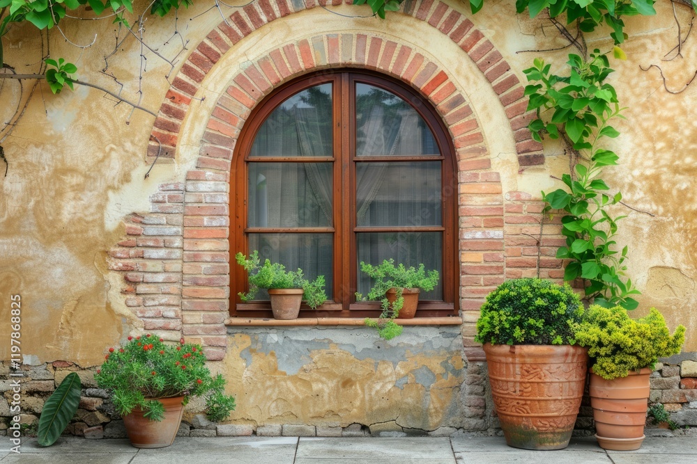 Red brick wall and arched window of classical european building in Rome. Detailed photo textured background Red brick wall and arched window of classical european building in Rome. Detailed photo textured background