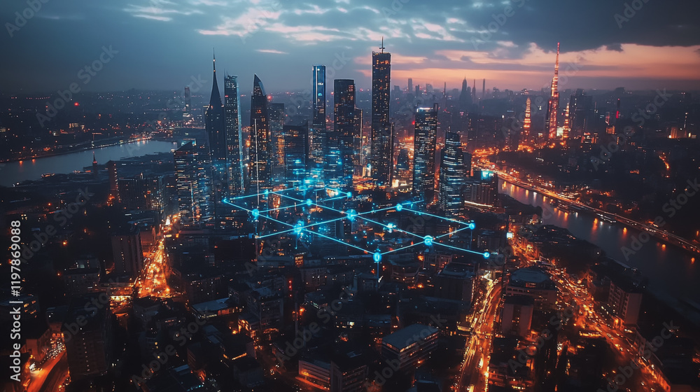 Fototapeta premium Abstract business man stands on the peak of success amid tall, innovative Smart city and graphs with statistics to analyze business potential and predict future developments in company growth.