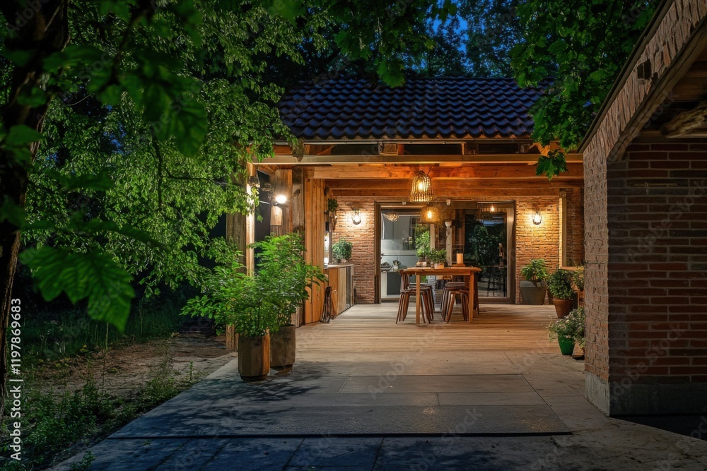 A charming rustic wooden cabin features a cozy outdoor dining area, perfectly nestled among vibrant greenery, all beautifully illuminated during the enchanting twilight hours A charming rustic wooden cabin features a cozy outdoor dining area, perfectly nestled among vibrant greenery, all beautifully illuminated during the enchanting twilight hours