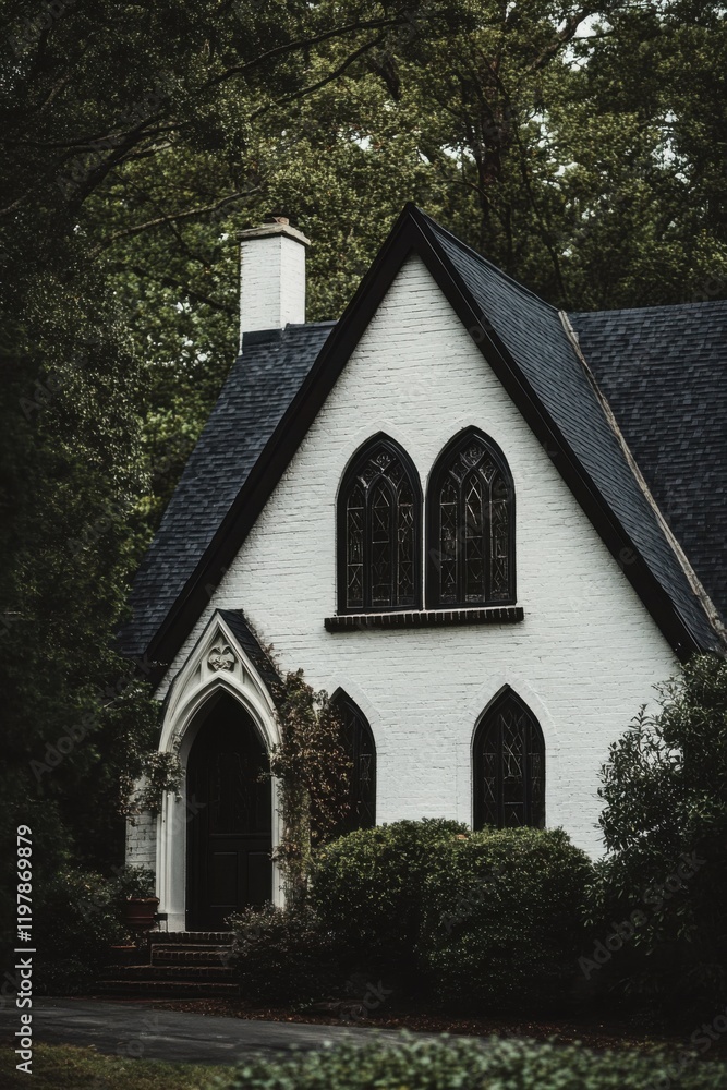 Stunning Gothic-style house situated in a lush forest setting, showcasing intricate architecture and a mysterious atmosphere during twilight hours Stunning Gothic-style house situated in a lush forest setting, showcasing intricate architecture and a mysterious atmosphere during twilight hours