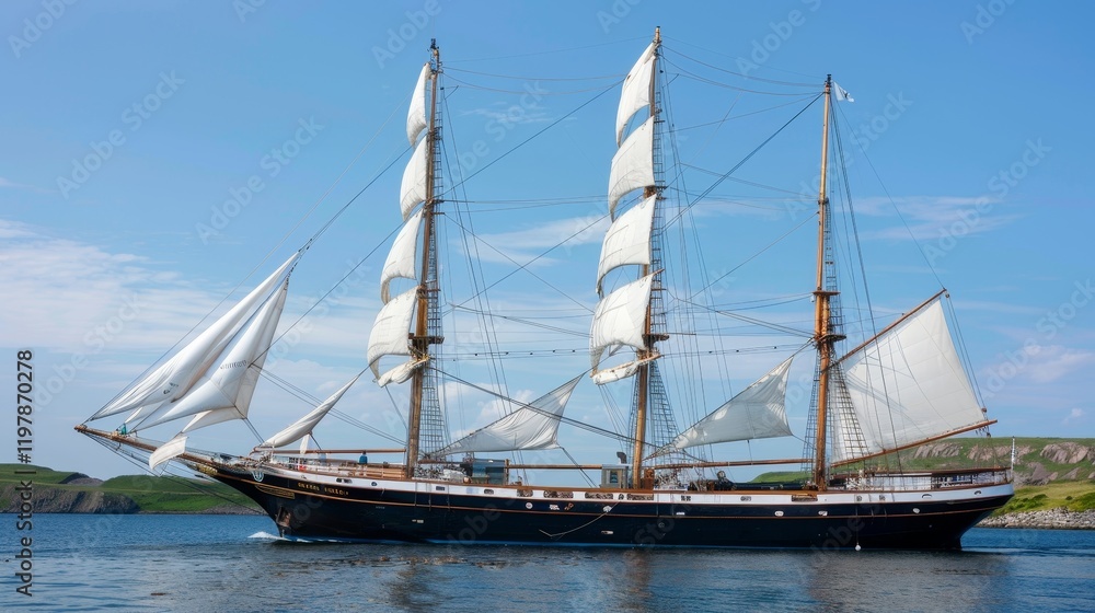 Obraz premium A majestic sailing ship with white sails gliding across calm waters under a blue sky.