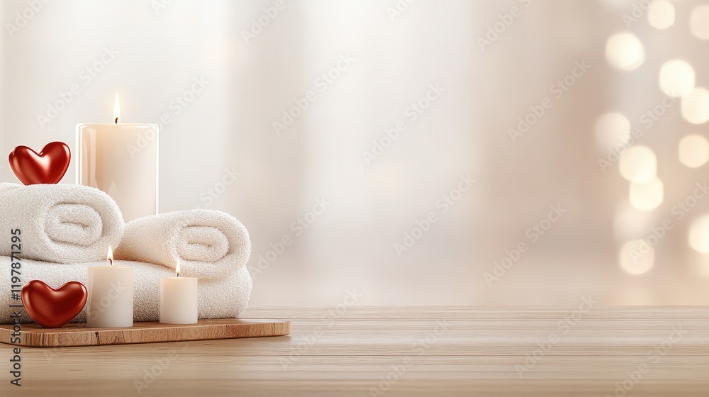Valentine's Day spa setting features red heart decorations, soft towels, and warm candlelight, inviting relaxation and romance. Valentine's Day spa setting features red heart decorations, soft towels, and warm candlelight, inviting relaxation and romance.