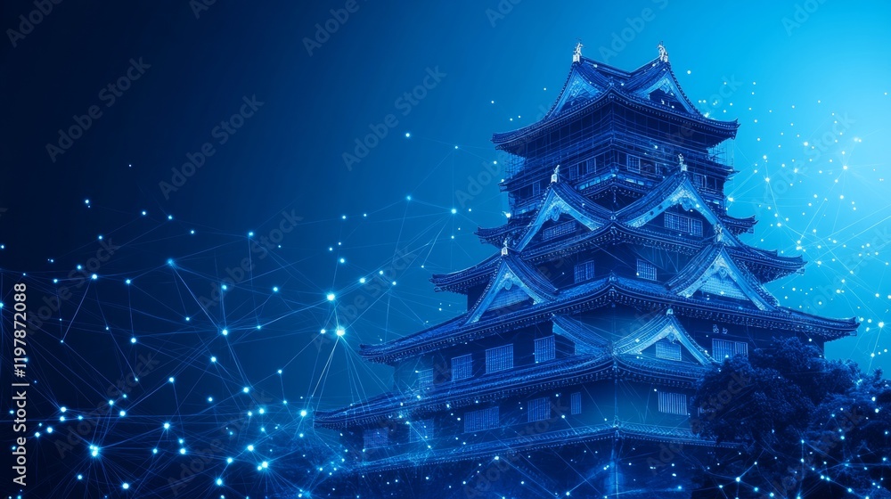 Obraz premium Historic Osaka Castle in Japan Intertwined with a Blue Digital Network, Representing Technology.