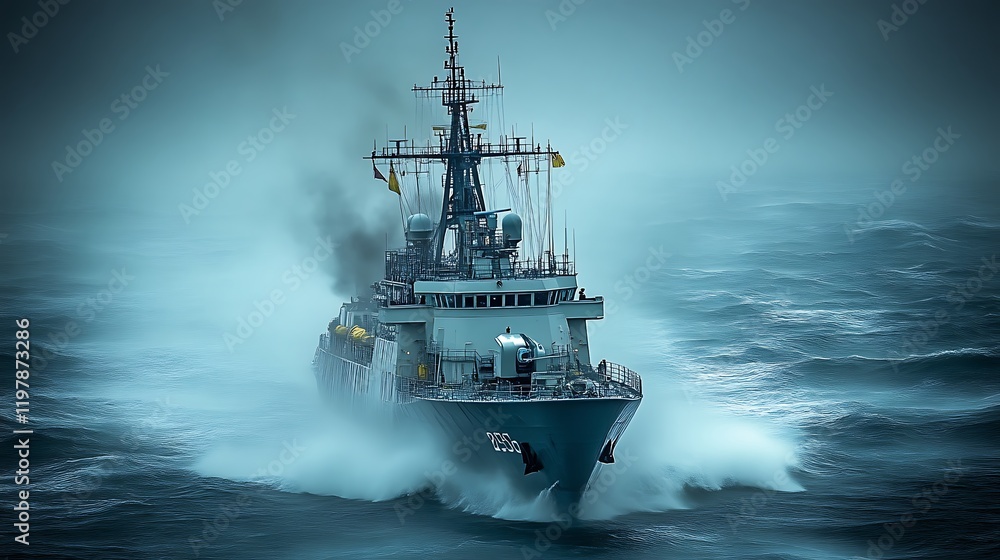 Warship sailing through rough ocean waves Warship sailing through rough ocean waves