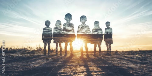 Dreamlike representation of children journeying across borders in a single frame.