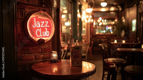 A dimly lit jazz club with a neon sign that reads Jazz Club
