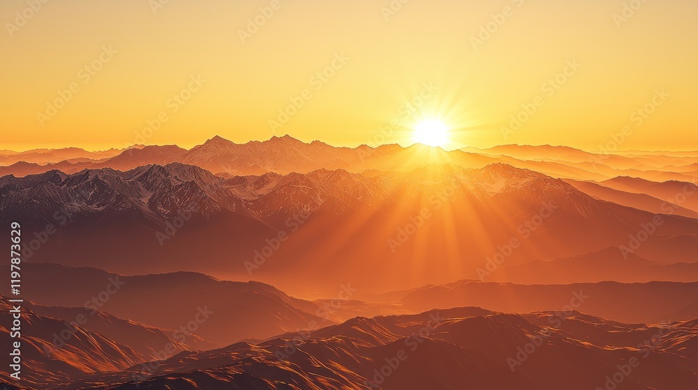 Fototapeta premium Mountain sunrise, golden rays, scenic view, aerial shot, travel