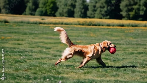 Golden Retriever Playing Fetch in Scenic Park Footage