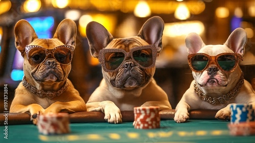 Three French Bulldogs wearing sunglasses and playing poker at a casino. photo