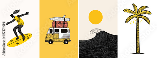 Hand drawn whimsical style summer surfing illustrations