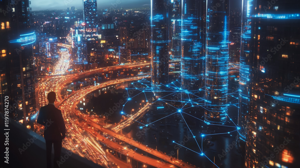 Naklejka premium Abstract business man stands on the peak of success amid tall, innovative Smart city and graphs with statistics to analyze business potential and predict future developments in company growth.