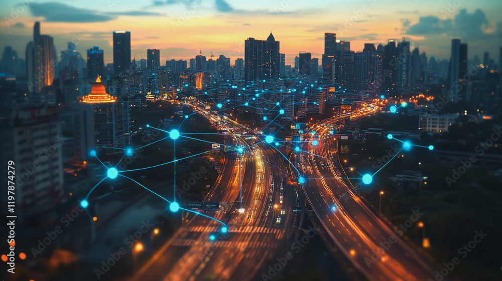 Obraz premium Abstract business man stands on the peak of success amid tall, innovative Smart city and graphs with statistics to analyze business potential and predict future developments in company growth.