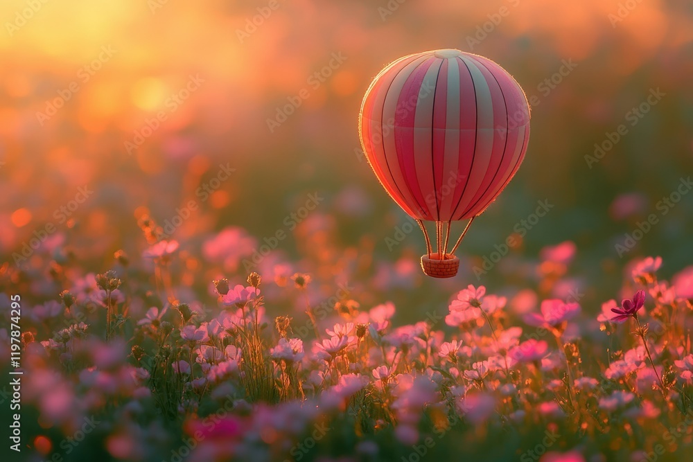Fototapeta premium A pink hot air balloon floats serenely over a field of wildflowers bathed in the warm glow of sunset.