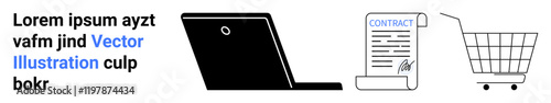 Laptop for digital transactions a signed contract and a shopping cart. Ideal for e-commerce business contracts online shopping digital transactions and business agreements. Banner for landing page