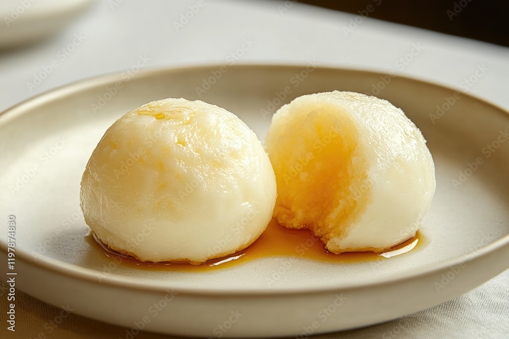 Two soft, creamy rice cakes drizzled with a sweet sauce on a plate. Two soft, creamy rice cakes drizzled with a sweet sauce on a plate.