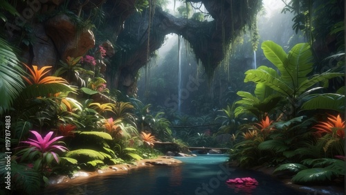Beautiful rays of sun in exotic forest