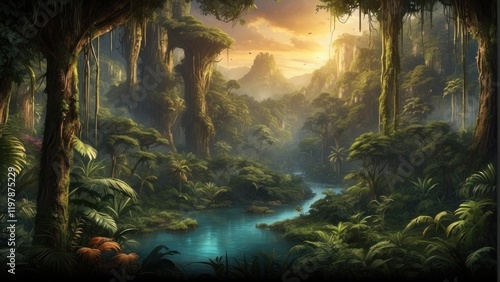 Beautiful rays of sun in exotic forest