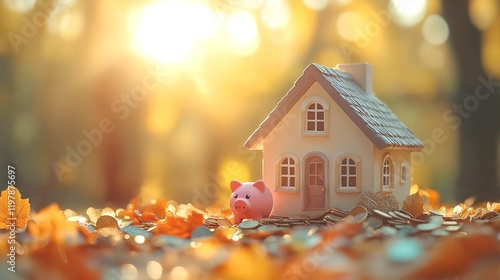 Wallpaper Mural Saving Money for a House: A Piggy Bank and Miniature House Amidst Autumn Leaves. Torontodigital.ca