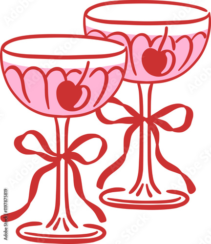 Vector illustration of two champagne glasses with cherries and ribbon bows, ideal for romantic celebration, wedding, Valentine's Day. Hand-drawn cocktail saucers