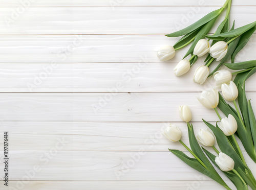Elegant White Tulips on a Rustic Wooden Surface – Minimalist Floral Beauty