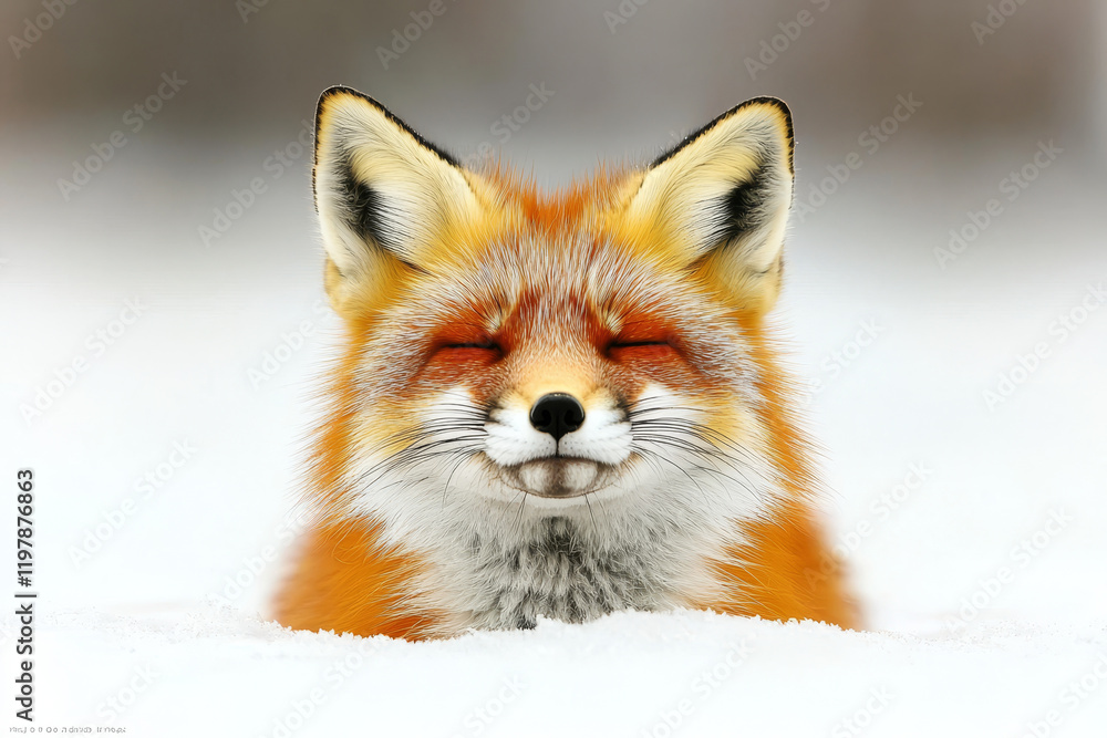 Fototapeta premium Smiling fox nestled in winter snow.