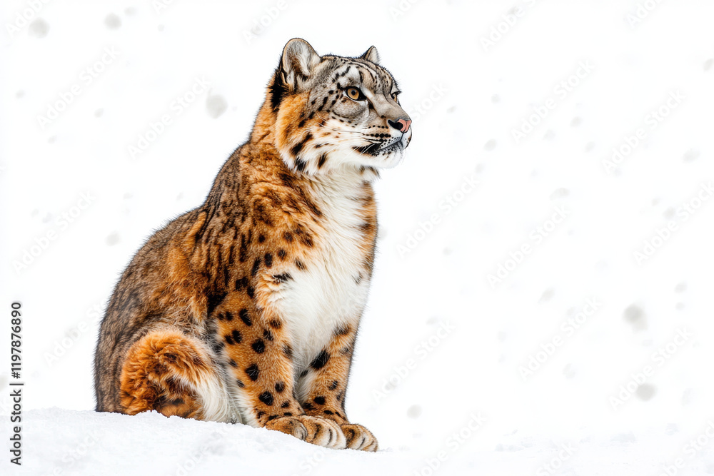 Snow leopard sitting in snow, alert and majestic. Snow leopard sitting in snow, alert and majestic.