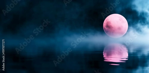Pink full moon with reflection on water surface through turquoise clouds. Nature and celestial content