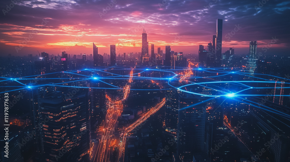 Fototapeta premium Abstract business man stands on the peak of success amid tall, innovative Smart city and graphs with statistics to analyze business potential and predict future developments in company growth.