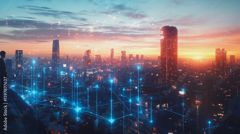 Fototapeta premium Abstract business man stands on the peak of success amid tall, innovative Smart city and graphs with statistics to analyze business potential and predict future developments in company growth.