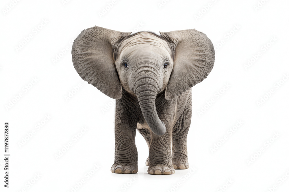 Fototapeta premium Young elephant calf, frontal view, isolated on white.