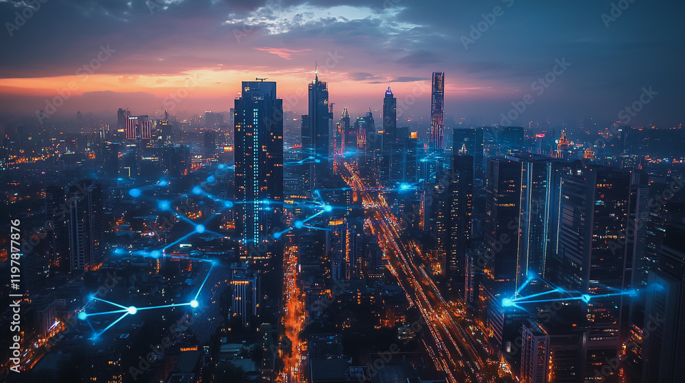 Fototapeta premium Abstract business man stands on the peak of success amid tall, innovative Smart city and graphs with statistics to analyze business potential and predict future developments in company growth.