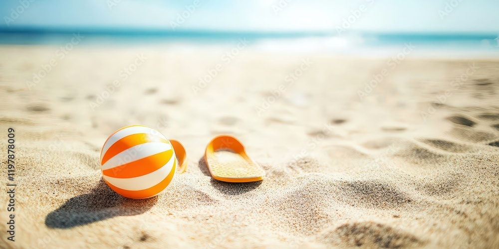Obraz premium A cheerful setting with playful beach slippers and a fun beach ball on the shore.