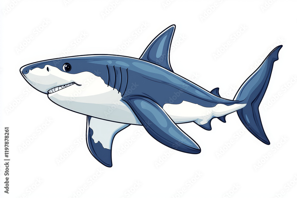 Fototapeta premium Cartoon great white shark, swimming, blue and white.