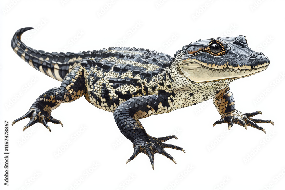 Naklejka premium Detailed illustration of a young alligator, black and tan scales.