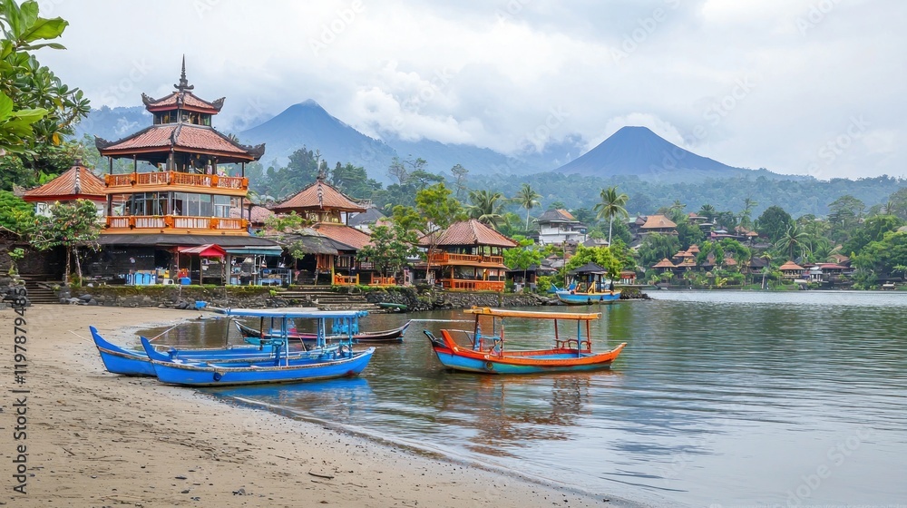 Fototapeta premium Lakeside village, boats, volcanic mountains, tourism, Bali